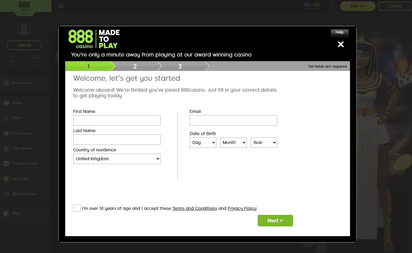 Screenshot of the 888 Casino registration interface